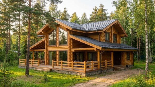 Деревянный дом из бревна на участке в Подмосковье