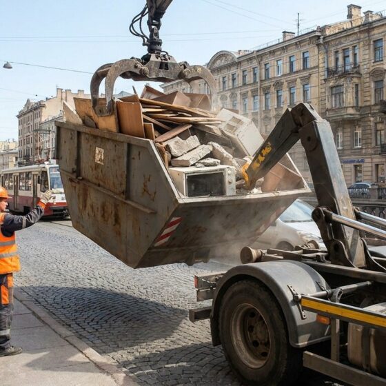 Вывоз мусора в Санкт-Петербурге — погрузка контейнера с крупногабаритным мусором