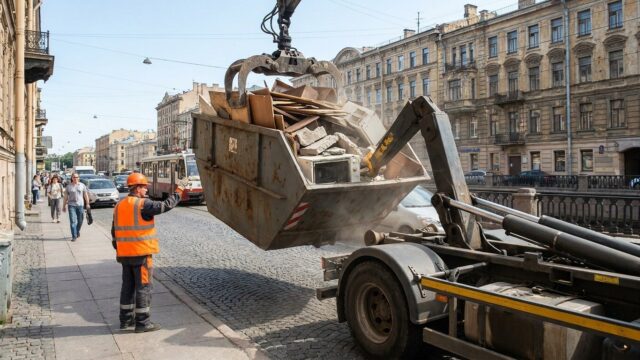 Вывоз мусора в Санкт-Петербурге — погрузка контейнера с крупногабаритным мусором