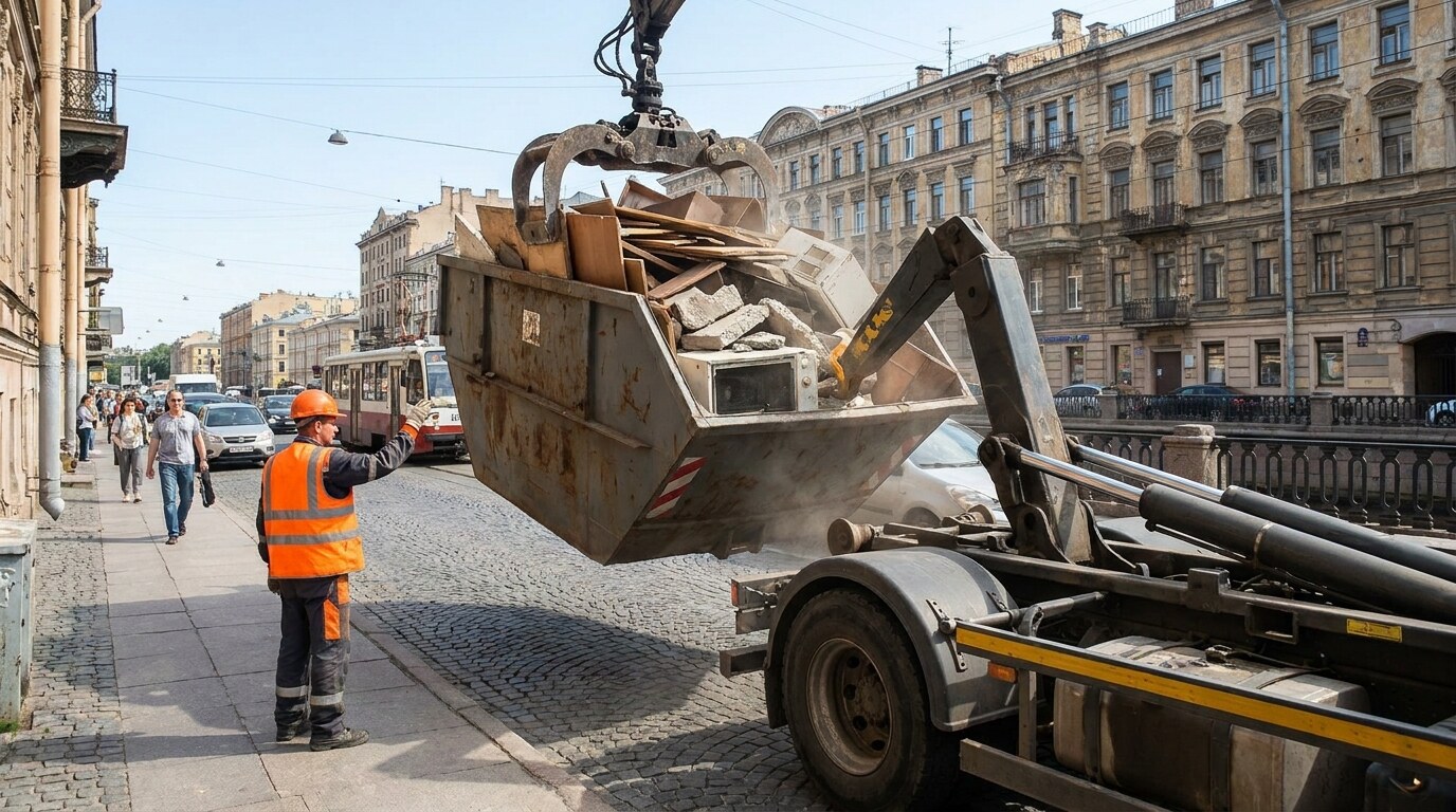 Вывоз мусора в Санкт-Петербурге — погрузка контейнера с крупногабаритным мусором