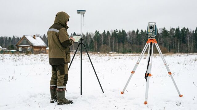 Геодезист с GPS-приёмником и тахеометром на межевании участка под Санкт-Петербургом
