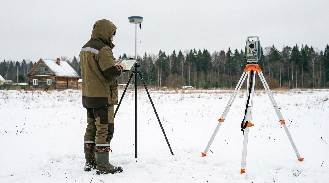 Геодезист с GPS-приёмником и тахеометром на межевании участка под Санкт-Петербургом